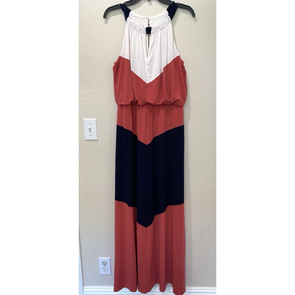 London Times Coral White & Navy Blue Maxi Dress Size 12